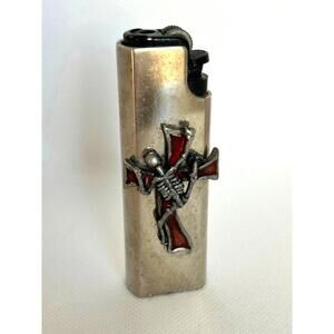 Vintage Gothic Skeleton Cross Lighter – Metal Refillable Butane, Works